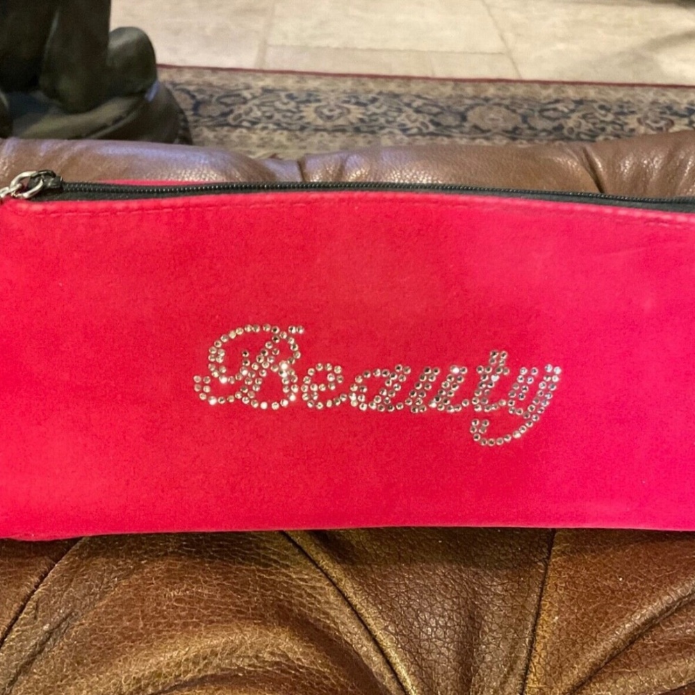 Victoria's Secret Hot Pink Cosmetics Bag Rhinestones Leopard Interior " Beauty "